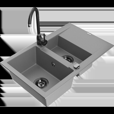 Gaspar гранитна мивка 1, 5-камерна с отцедник и кухненски смесител Telma, сив - 6507-71-670200-70-B (6507-71-670200-70-B)
