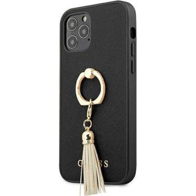 GUESS Saffiano Hard Case With Ring Stand - дизайнерски кожен кейс с пръстен против изпускане за iPhone 12 Pro Max (черен)