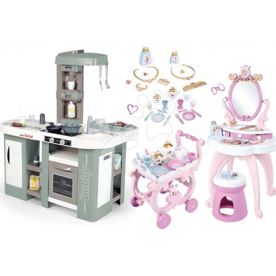 Smoby Set kuchynka elektronická s bublaním Tefal Studio Kitchen XL Bubble 360° a kozmetický stolík Princezné so stoličkou a servírovací vozík