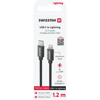 SWISSTEN Textile USB-C / Lightning 1, 2 m Цвят: черен