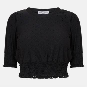Brave Soul Broderie Top with Shirred Sleeves - Black