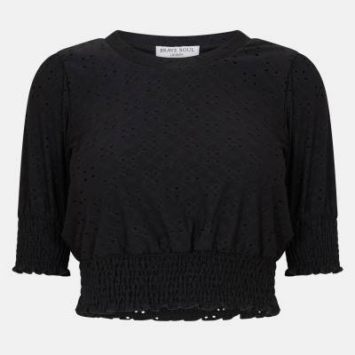 Brave Soul Broderie Top with Shirred Sleeves - Black
