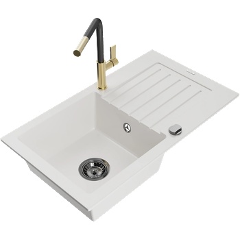 Mexen Pablo кухненска мивка от гранит с една камера и отцедник и кухненски смесител Flora, бял - 6510-20-670401-57-B (6510-20-670401-57-B)