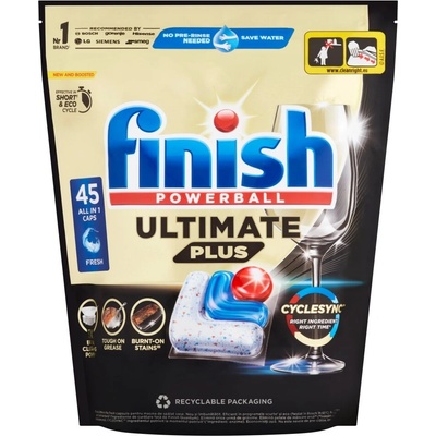 Finish Ultimate Plus всичко в 1 обикновени капсули за миялна машина 45бр + подарък проба продукт (5999109582478)