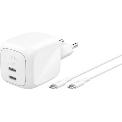 Belkin BOOSTCHARGE PRO мрежово зарядно устройство с 2 Type-C порта, 67 W, PD бързо зареждане + кабел Type-C, БЯЛО WCH020KQ2MWH-B6 (WCH020KQ2MWH-B6)