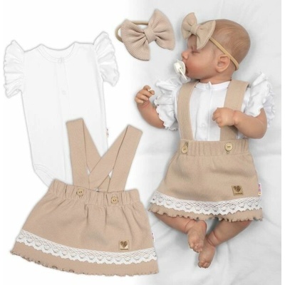 Baby Nellys 3D súprava LADY bavlna body kr. rukáv suknička s láclom čelenka béžová/biela