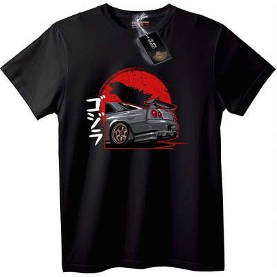 NOONEBRAND Тениска Car Mania с Nissan R34 и червено слънце - S, Black
