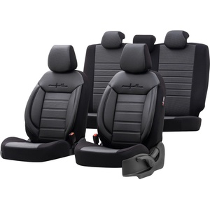  Комплект Луксозна Тапицерия OTOM текстил с еко кожа COMFORT LINE Design - Черна с черен шев, за Предни и Задни Седалки