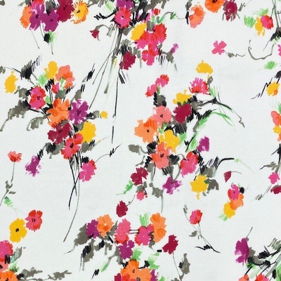 Teplákovina nepočesaná bílá, barevné květy, š.145