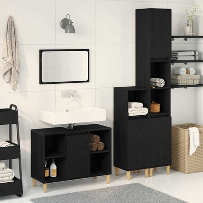 vidaXL Комплект мебели за баня с врата 3 pcs Черно Инженерно дърво (3332584)