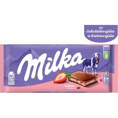 Milka Strawberry mliečna čokoláda z alpského mlieka s krémovou náplňou s jahodovou príchuťou 100 g