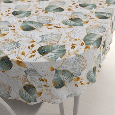 Biante Dekorační oválný ubrus Leona LN-174 Zelené listy na režném 130x220 cm