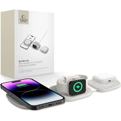 Зарядно от Tech-Protect QI15W-A32 3-in-1 Inductive Charger with MagSafe for Smartphone / Apple Watch / AirPods - Gray (5906302308255)