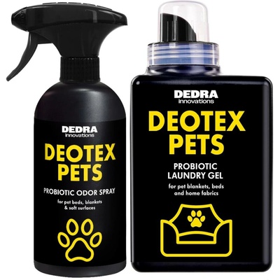 DEOTEX PETS Praktický set pro domov plný mazlíčků pohlcovač pachů & speciální tekutý prací prostředek s probiotiky 500 ml + 525 ml
