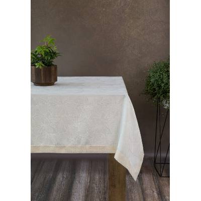 Takoy Krémový ubrus LILIAN 145x400 cm s jemným listovým vzorem, vyrobený z látky protkané zlatou nití, s elegantním dvojitým lemem.-HF-391244 | 145 x 400 cm