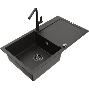Mexen Leo гранитна мивка с 1 отделение и сушилник и кухненски смесител Flora, черен/златист металик - 6501-75-670401-70-B (6501-75-670401-70-B)
