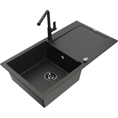 Mexen Leo гранитна мивка с 1 отделение и сушилник и кухненски смесител Flora, черен/златист металик - 6501-75-670401-70-B (6501-75-670401-70-B)