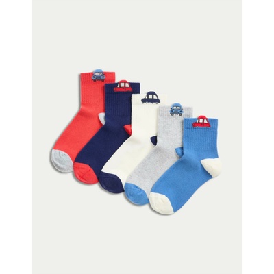 Marks & Spencer Ребрести чорапи с висок дял памук и мотив на кола, комплект 5 чифта (6 малки - 7 големи) Marks & Spencer многоцветен Marks & Spencer | Mnogotsveten | Момчешки | 8+-12