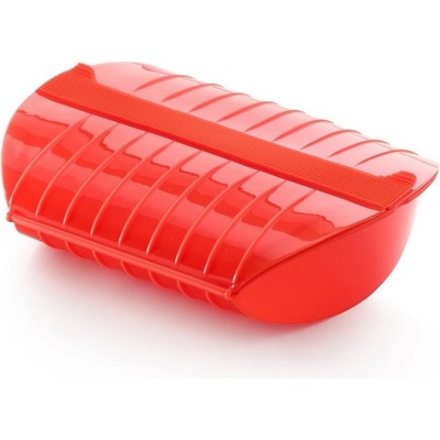 Lekue Съд за готвене на пара в микровълнова с решетка Lekue 1009026, 1.4 литра, 3-4 порции, Платинен силикон, Червен (1009026)