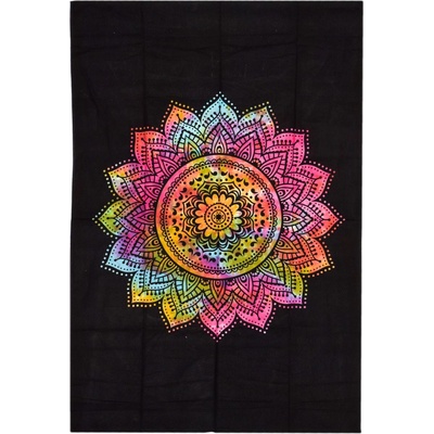 Sanu Babu Přehoz s tiskem duhové Mandaly, černý podklad 130x210cm