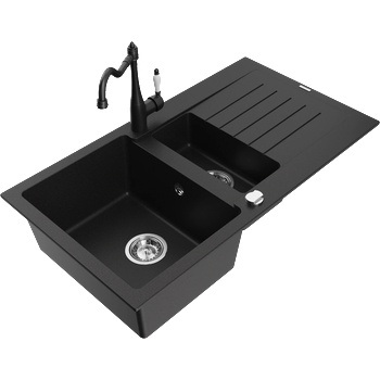 Mexen Matias гранитна мивка с 1, 5 корита с отцедник и кухненски смесител Carla, черен - 6502-77-670700-70 (6502-77-670700-70)