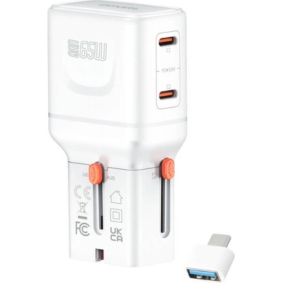 Захранване за ел. мрежа с 2xUSB-C изходи и преходници за цял свят в едно устройство - 4smarts Nomad GaN Universal World Travel Wall Charger 65W (бял) (541647)
