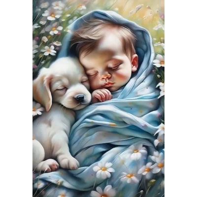 Norimpex - Puzzle Diamant painting: Baby with puppy 30x40 cm - 1 - 39 piese