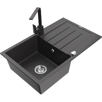 Mexen Bruno единична кухненска мивка от гранит с отцедник и кухненски смесител Рита, черен накраплян - 6513-76-670300-76 (6513-76-670300-76)