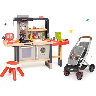 Smoby Set restaurace s elektronickou kuchyňkou Chef Corner Restaurant s kočárkem pro dvě panenky DeLuxe Maxi Cosi&Quinny Grey