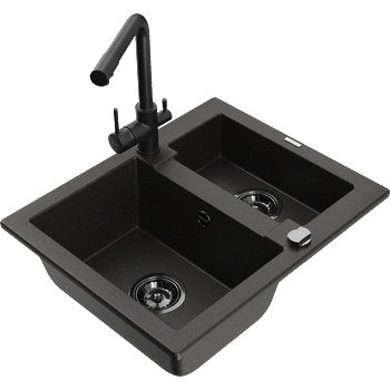 Mexen Carlos гранитна мивка 1.5-коморова с кухненски смесител Duero, черен/златист металик - 6518-75-671600-70-B (6518-75-671600-70-B)