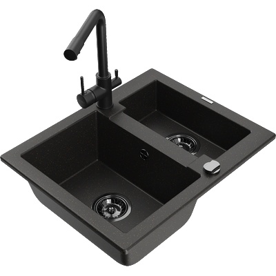 Mexen Carlos гранитна мивка 1.5-коморова с кухненски смесител Duero, черен/златист металик - 6518-75-671600-70-B (6518-75-671600-70-B)