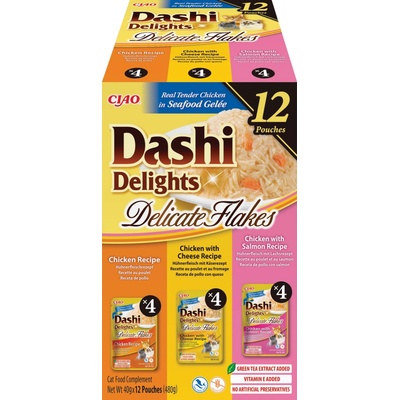 INABA Ciao Dashi Delights Delicate Flakes doplnkové krmivo pre mačky s príchuťou kuracieho mäsa, kuracieho mäsa a syra, kuracieho mäsa a lososa, 12 x 40 g