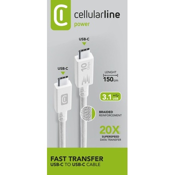 Cellularline Кабел USB-C to USB-C 3.1, бърз пренос на данни 10Gbps, 5A, 1м бял