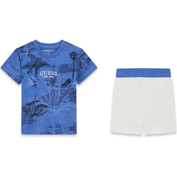 Guess Синя тениска с палми и бял надпис Guess и бели къси панталони за бебе момче