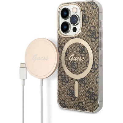 GUESS 4G Printed Stripe MagSafe Case With MagSafe Wireless Charger Set - комплект хибриден удароустойчив кейс с MagSafe и поставка (пад) за безжично зареждане за iPhone 14 Pro (кафяв)