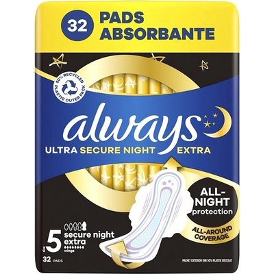 Always Ultra Secure Night Extra hygienické vložky veľ. 5 s krídelkami 32 ks