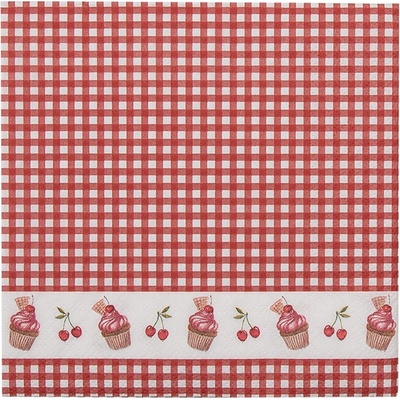 Clayre & Eef Červené kárované papírové ubrousky s dortíčky Cherry Cupcake 33x33cm 20ks