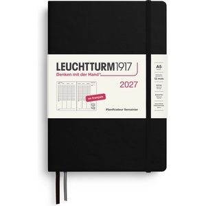 Leuchtturm1917 Weekly Planner 2027 Medium (A5) - French, Black, 210 x 145 mm, January-December (12 months), weekly overview with hourly grid 7: 00-22: 00 per column, hardcover - 400406 (400406)