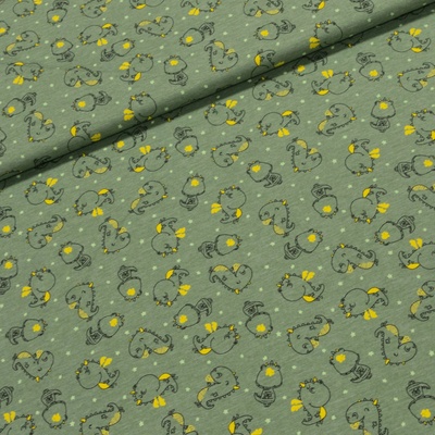 Bavlněný úplet dětský 8308-003 DINO, malí dinosauři na zelenošedé, š.145cm (látka v metráži)