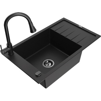 Mexen Elias гранитна мивка с една камера с отцедник и кухненски смесител Elia, черен - 6511-77-670101-70-B (6511-77-670101-70-B)