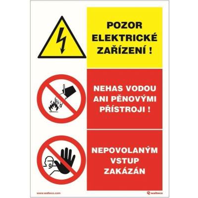 Sdružená Vysoké napětí , Nehas vodou, Vstup zakázaný, Samolepka, formát A5, Samolepicí