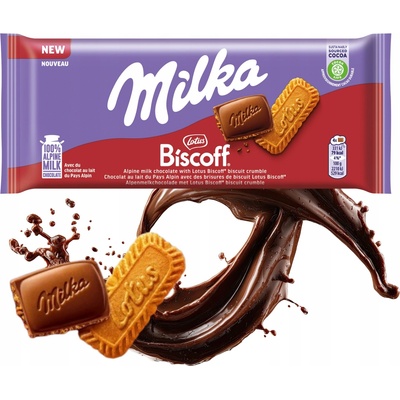 Milka mliečna čokoláda z alpského mlieka s kúskami sušienok Lotus Biscoff 90 g