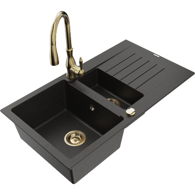 Mexen Matias гранитна мивка с 1, 5 камери с отцедник и кухненски смесител Savita, черно/златно - 6502-75-672601-50 (6502-75-672601-50)