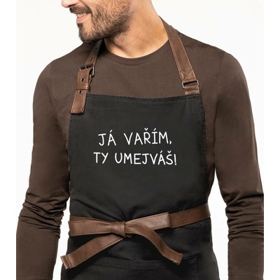 Kariban HobbyTriko Vtipná zástěra na vaření EXCLUSIVE Já vařím ty umejváš! Černošedá