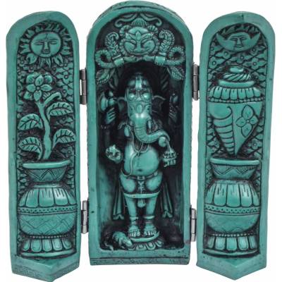 Sanu Babu Ganesh, cestovní oltář, pryskyřice, tyrkysová patina, 21 cm