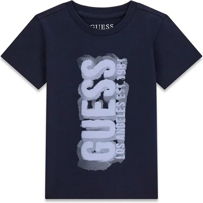 GUESS Тъмно синя тениска за мини момче с голям контрастен надпис Guess