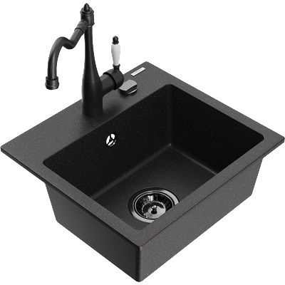 Mexen Milo мивка за вграждане с 1 отделение с кухненски смесител Carla, черен/сребърен металик - 6505-73-670700-70-B (6505-73-670700-70-B)