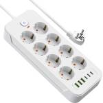 AOUOO Разклонител AOUOO J18U White, 8 гнезда, 3x USB-A, 3x USB-C, бутон за вкл. /изкл. , 2m кабел, бял (J18U White)