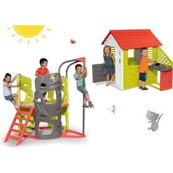 Smoby Set domček Pretty Nature s letnou kuchynkou a okenicou+preliezačka Multi-Activity Tower so šmykľavkou