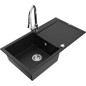 Mexen Leo гранитна кухненска мивка с 1 отделение, отцедник и кухненски смесител Elia, черен - 6501-77-670101-00 (6501-77-670101-00)